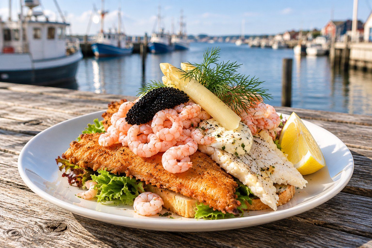 Et stjerneskud på et træbord ved en dansk fiskerihavn